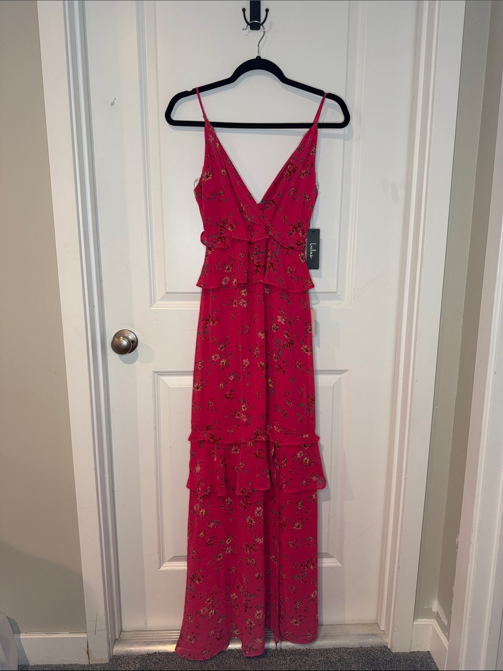 Lulu's Hot Pink Floral Tiered Maxi Dress